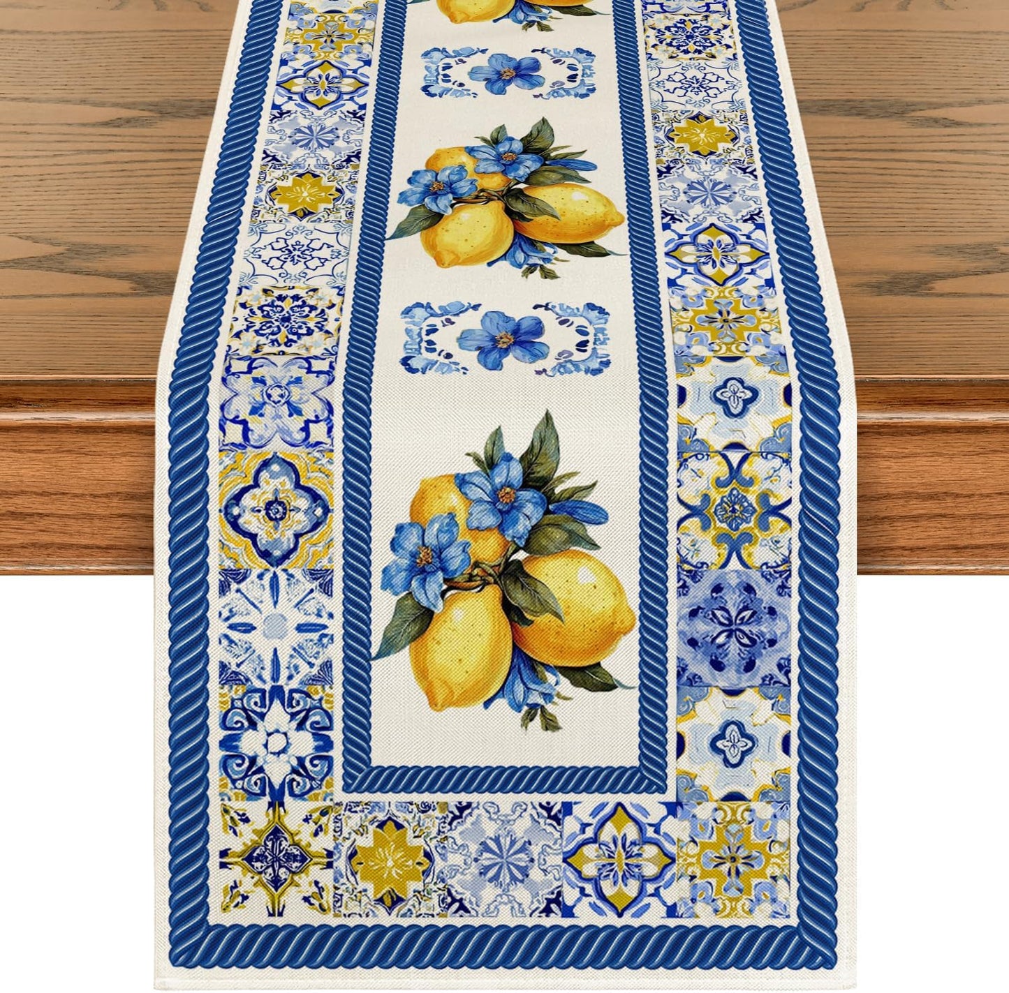 Blue & white Lemon Grove Table Runner | Mediterranean-Inspired Summer Table Decor