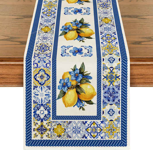 Blue & white Lemon Grove Table Runner | Mediterranean-Inspired Summer Table Decor
