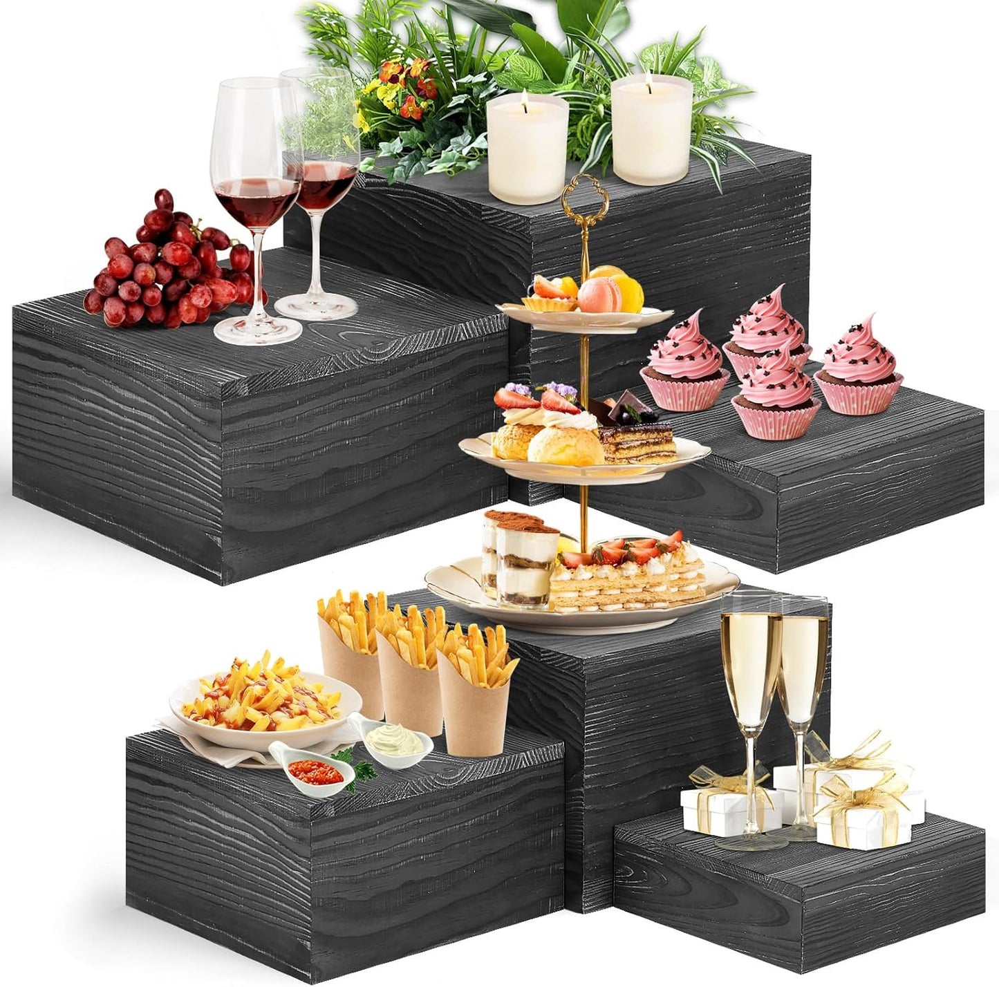 Rustic Wooden Display Risers Set of 6 - Farmhouse Buffet Stands for Entertaining, Home Decor & Party Displays