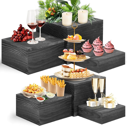 Rustic Wooden Display Risers Set of 6 - Farmhouse Buffet Stands for Entertaining, Home Decor & Party Displays