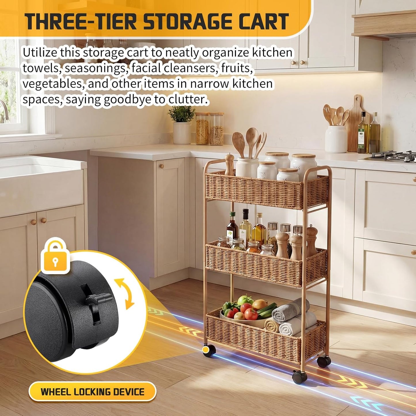 Slim Rolling Storage Cart - Woven Rattan 3- Tier Organizer