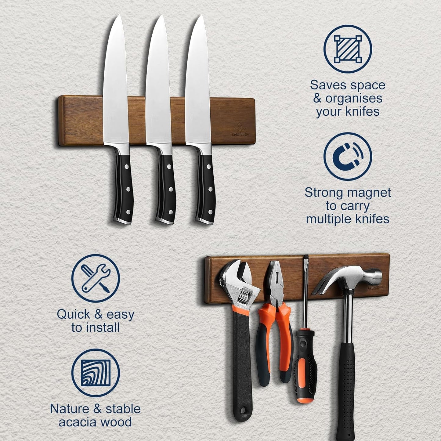 Modern Acacia Wood Magnetic Knife Holder | Space-Saving Kitchen Organization