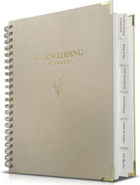Elegant Linen Wedding Planner Book for Bride- Neutral Wedding Organizer Binder with Checklists, Calendars, Tabs & Planning PAges