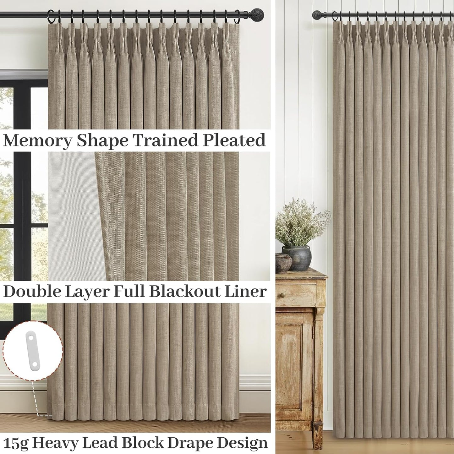 Luxury Pinch Pleated Linen Look Blackout Curtains | Thick Burlap Texture | Natural Farmhouse & Cottage Style