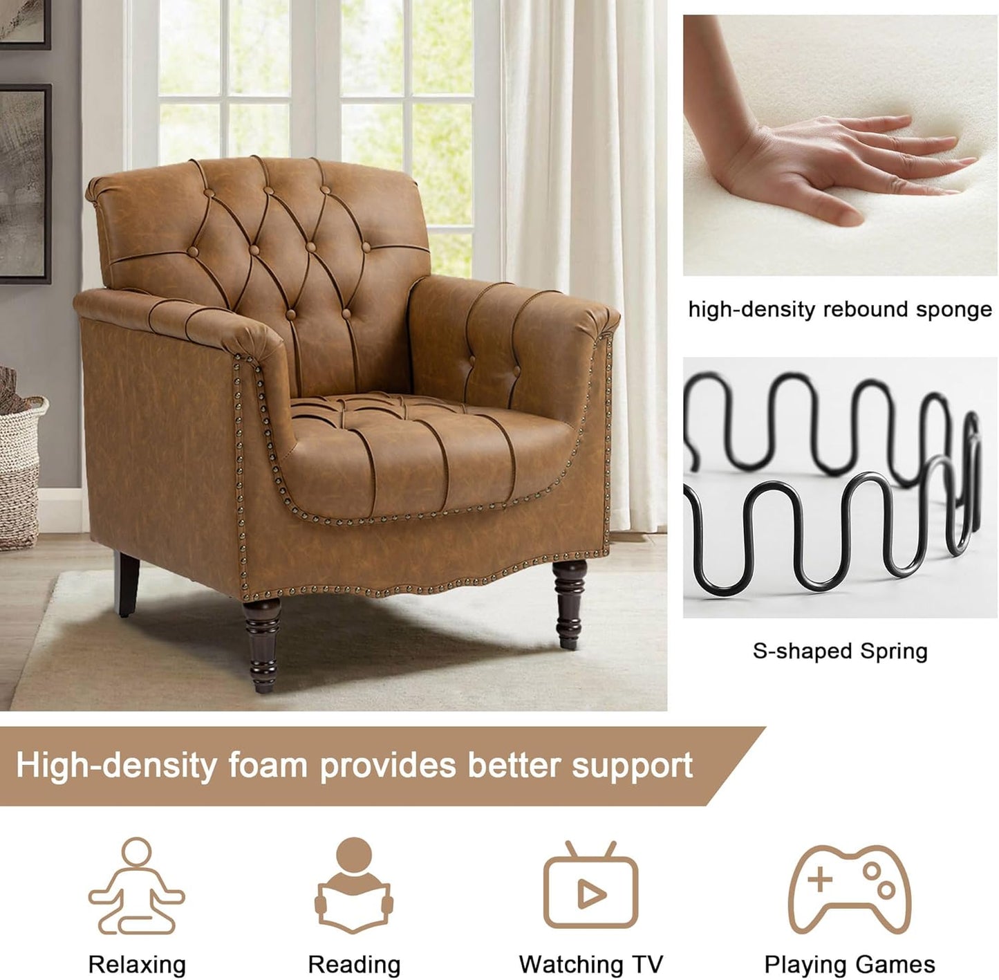 Camel Faux Leather Accent Chairs Set of 2 | Vintage Club Chair Style for Cozy Living Rooms