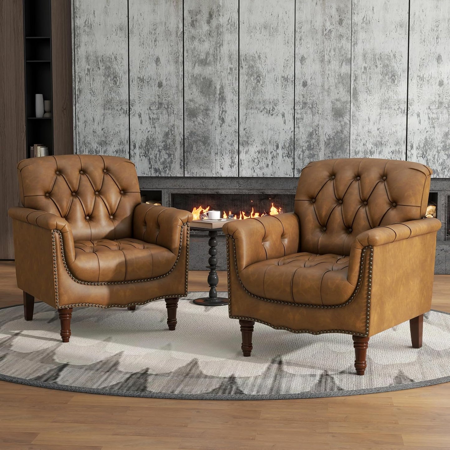 Camel Faux Leather Accent Chairs Set of 2 | Vintage Club Chair Style for Cozy Living Rooms