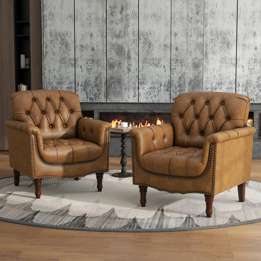 Camel Faux Leather Accent Chairs Set of 2 | Vintage Club Chair Style for Cozy Living Rooms