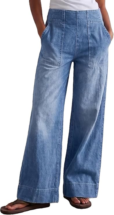 Relaxed Wide Leg Pull-On Denim Jeans