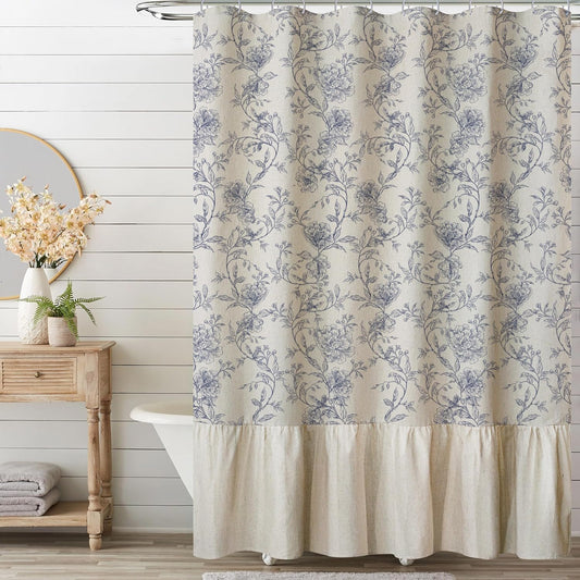 Blue Floral French Country Shower Curtain with Ruffle Hem