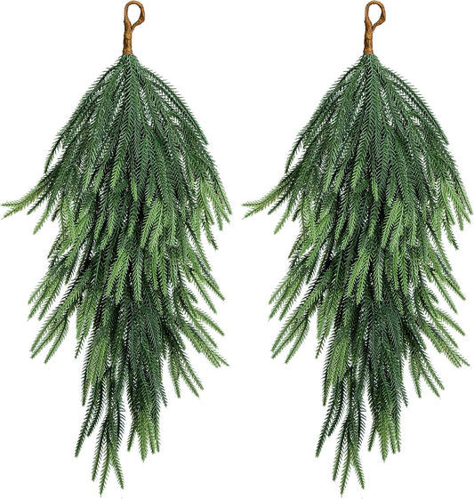 Set of 2 Artificial Norfolk Pine Teardrop Swags - 28" Christmas Greenery Door and Mantek Decor
