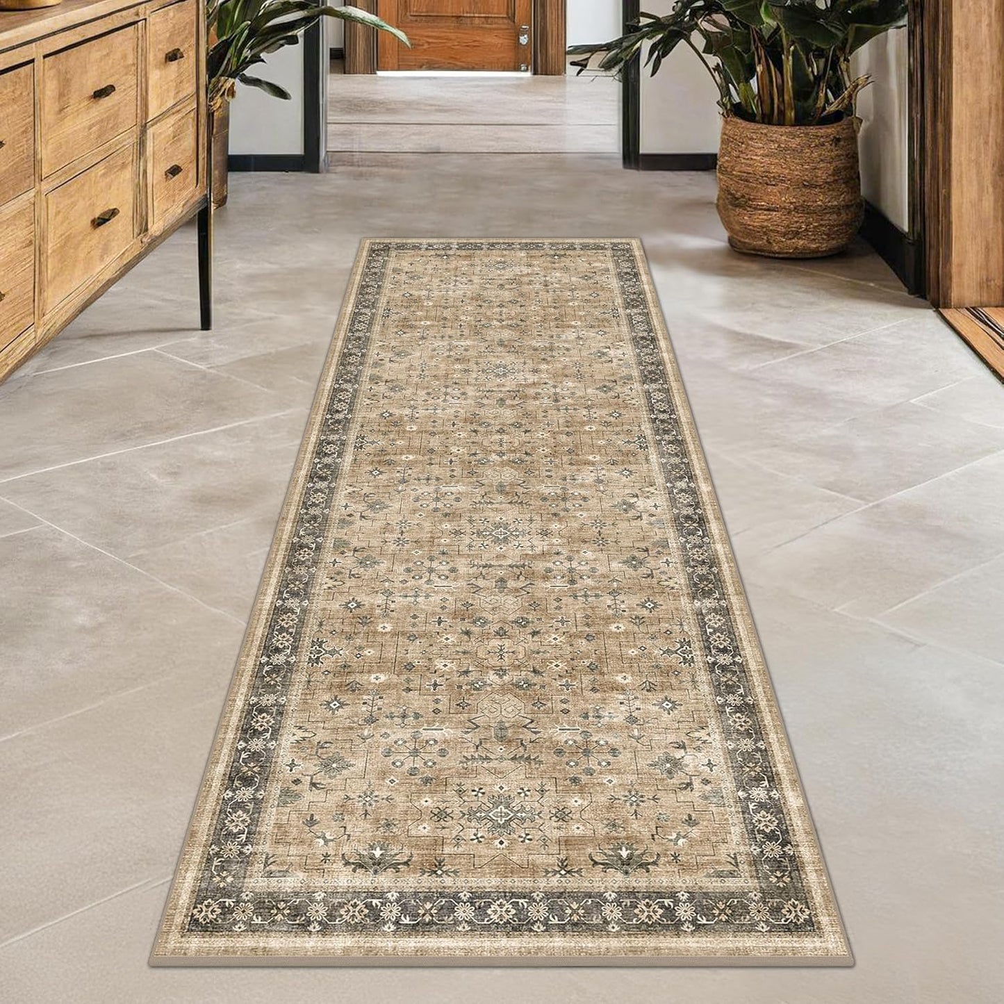 Natural Sage Taupe Vintage Runner Rug