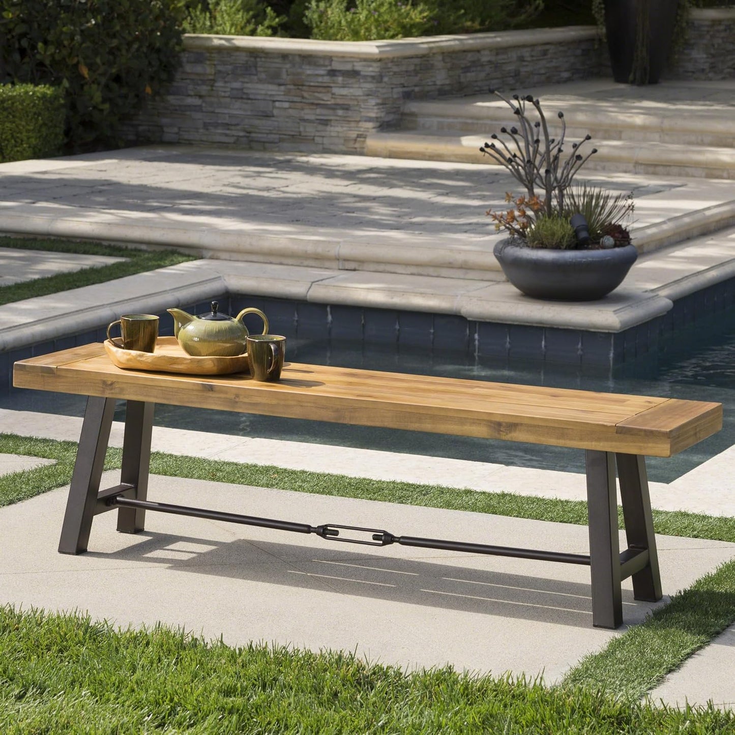 Rustic Acacia Wood Outdoor Bench with Industrial Metal Frame