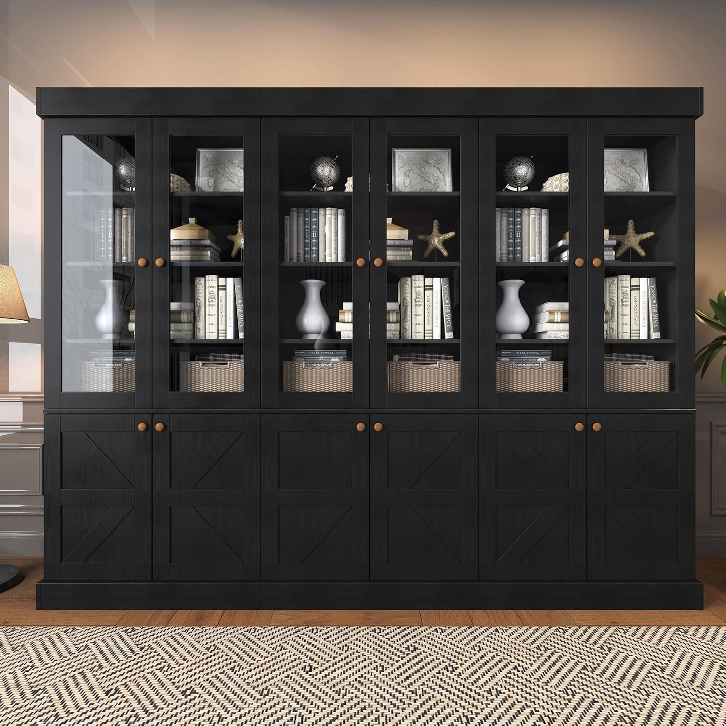 Black Farmhouse Bookcase with Glass Doors | Elegant and Display Cabinet