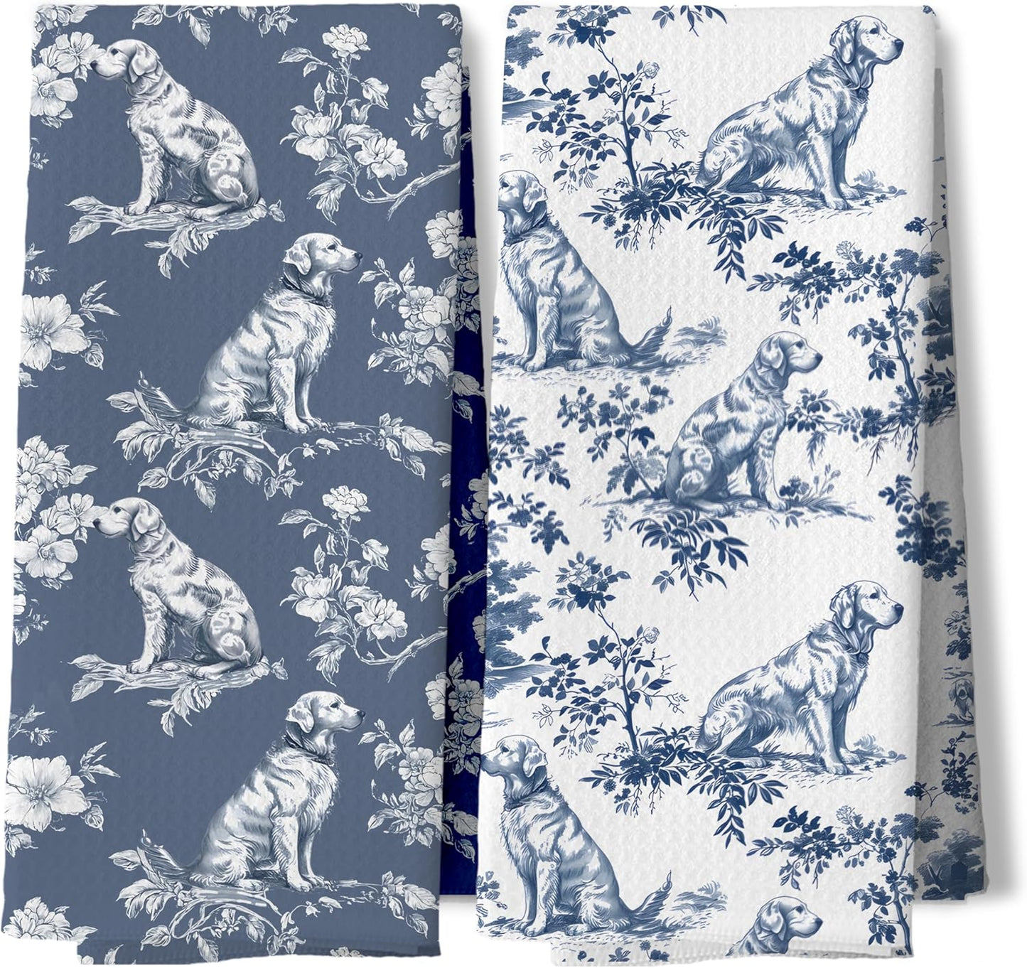 Blue and White Chinoiserie Golden Retriever Kitchen Towels (Comes in many others) - Set of two