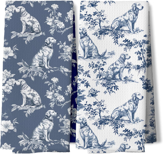 Blue and White Chinoiserie Golden Retriever Kitchen Towels (Comes in many others) - Set of two