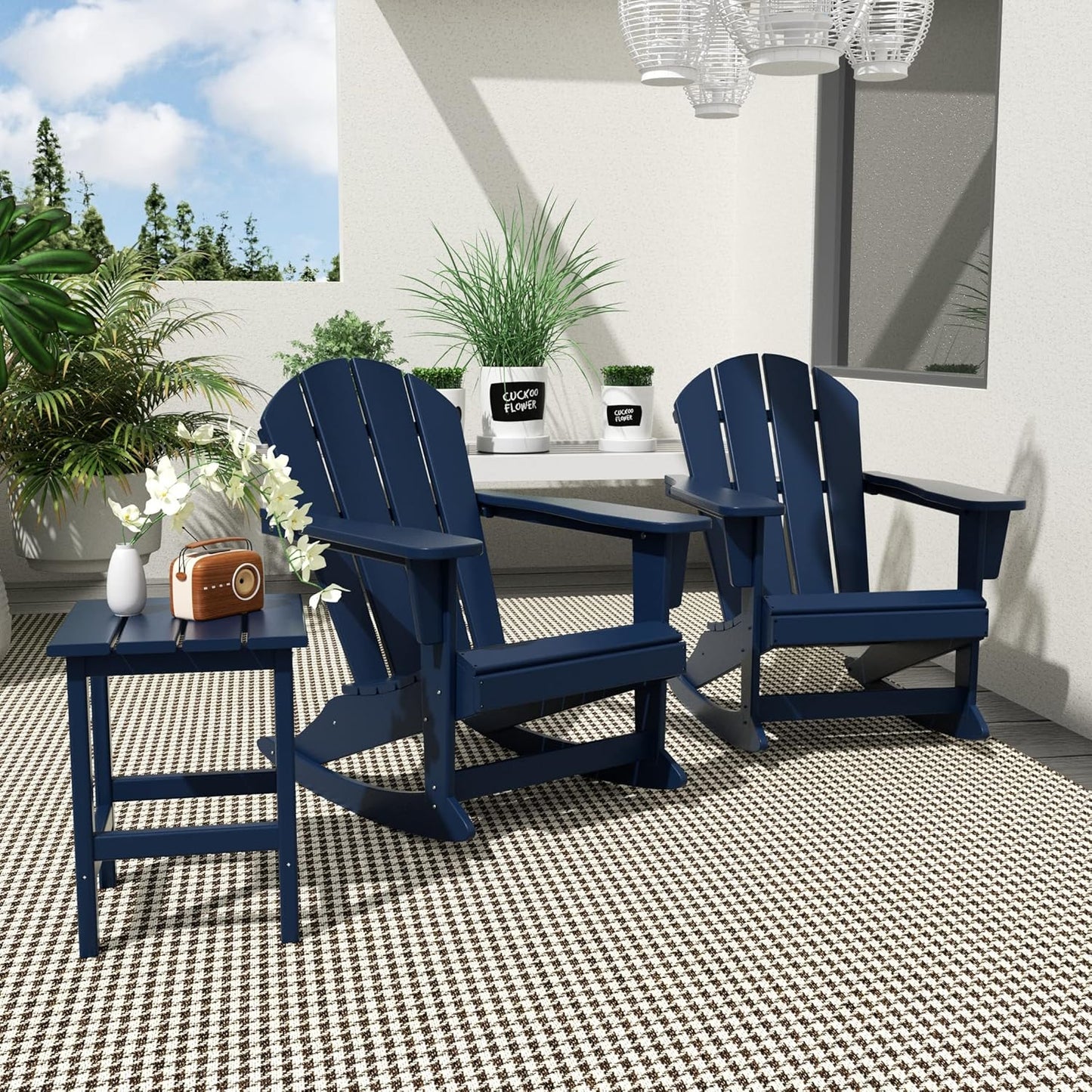 Navy Blue Adirondack Rocking Chair Set with side Table -