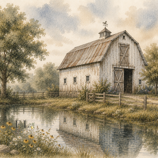 Barn Beside Pond | Watercolor Clipart PNG