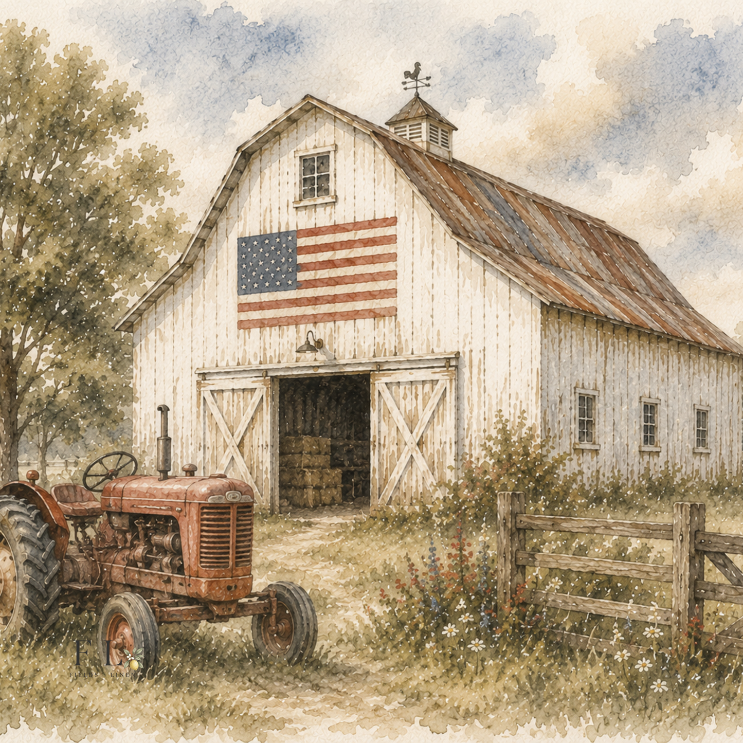 White Barn with Red Tractor and American Flag | Watercolor Clipart PNG