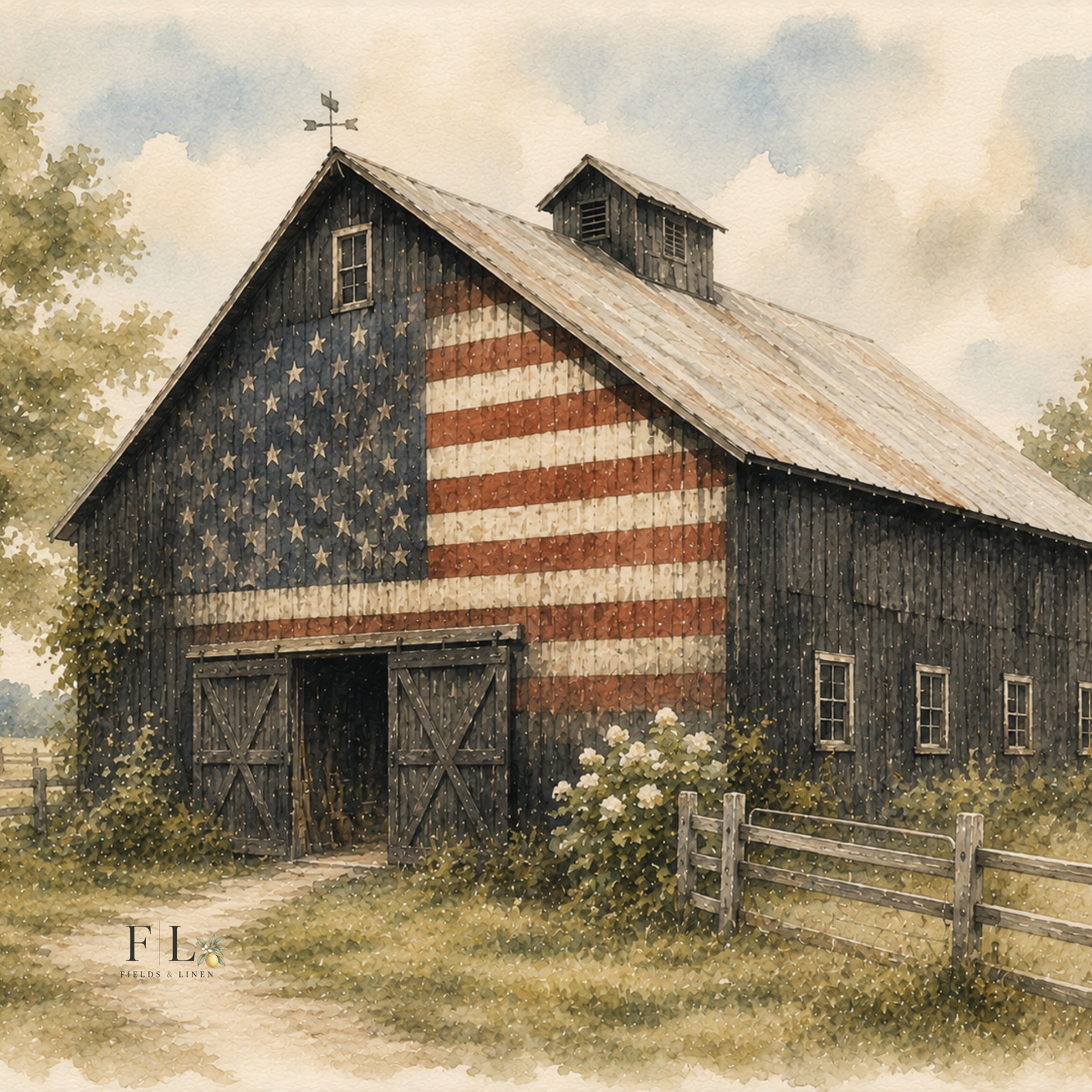 Black Barn with Flag | Watercolor Clipart PNG