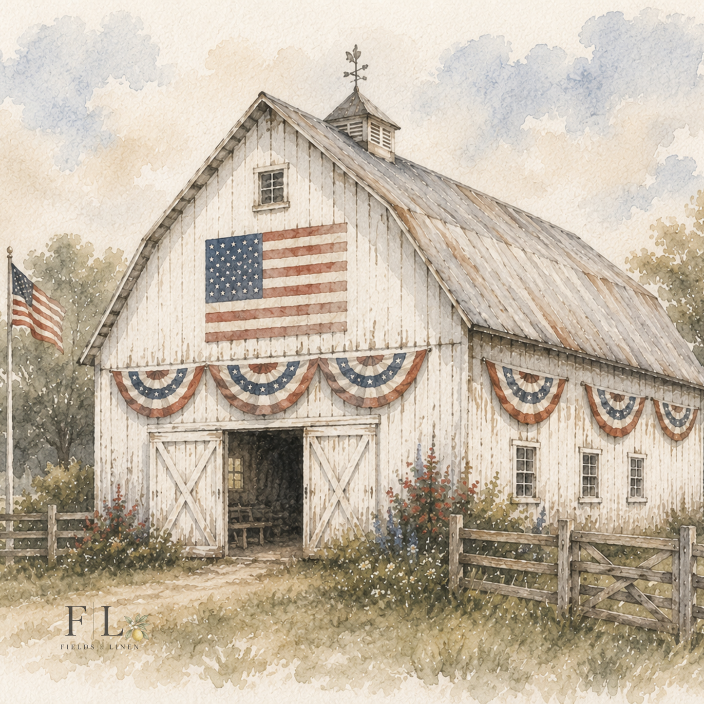 White Barn with Flag Swags | Watercolor Clipart PNG