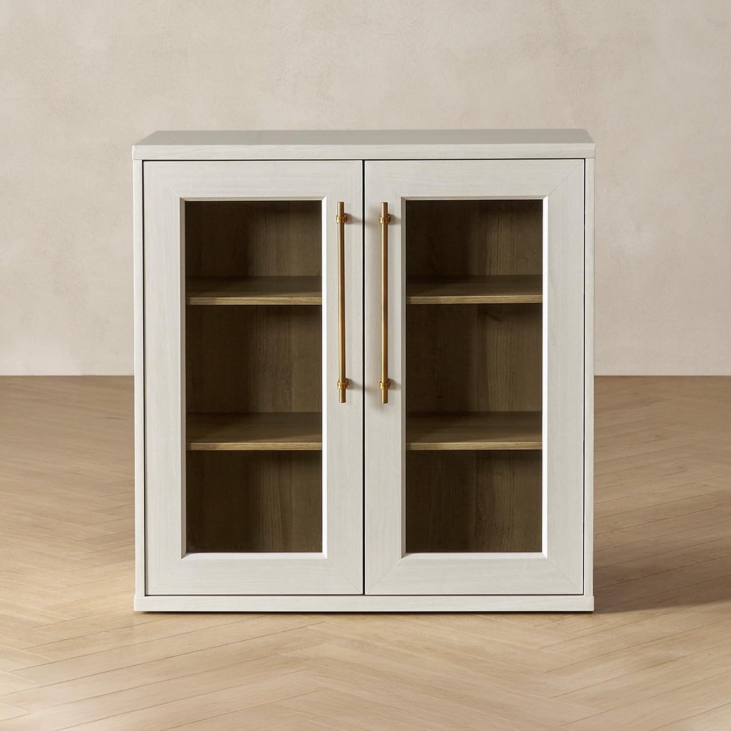 Modern White Oak Acrylic Display Cabinet with Glass Doors | Elegant Accent Storage Console for Living Room, Kitchen & Coffee Bar