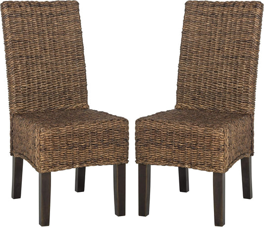 Coastal Woven Rattan Dining Chairs Set of 2 - Handwoven Brown Abaca Accent Seating