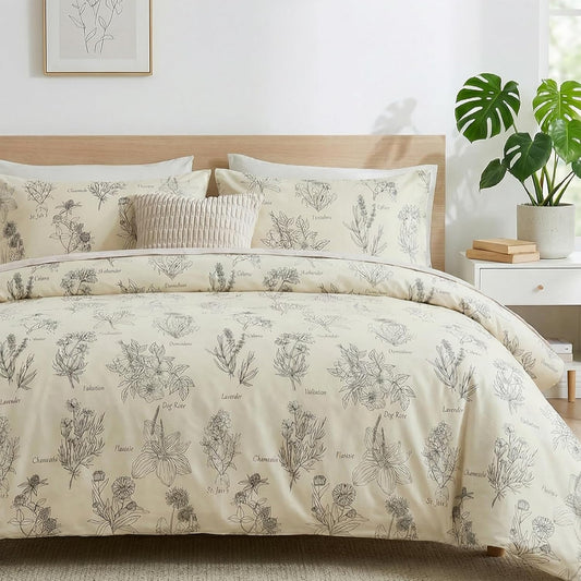 Vintage Botanical Cotton Duvet Cover Set - Cream Floral Sketch Bedding | Soft Cottage Inspired Bedroom Decor
