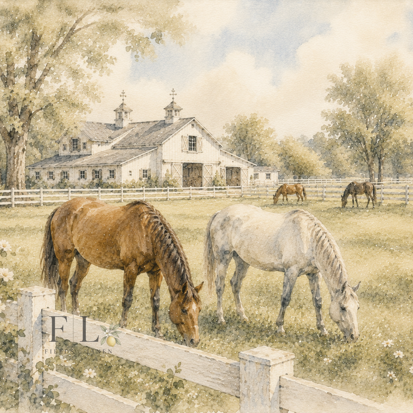 Grazing Horses at Country Estate Watercolor Clipart PNG