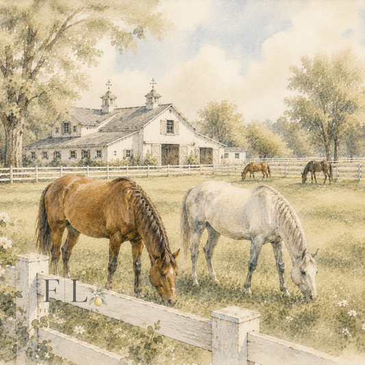 Grazing Horses at Country Estate Watercolor Clipart PNG