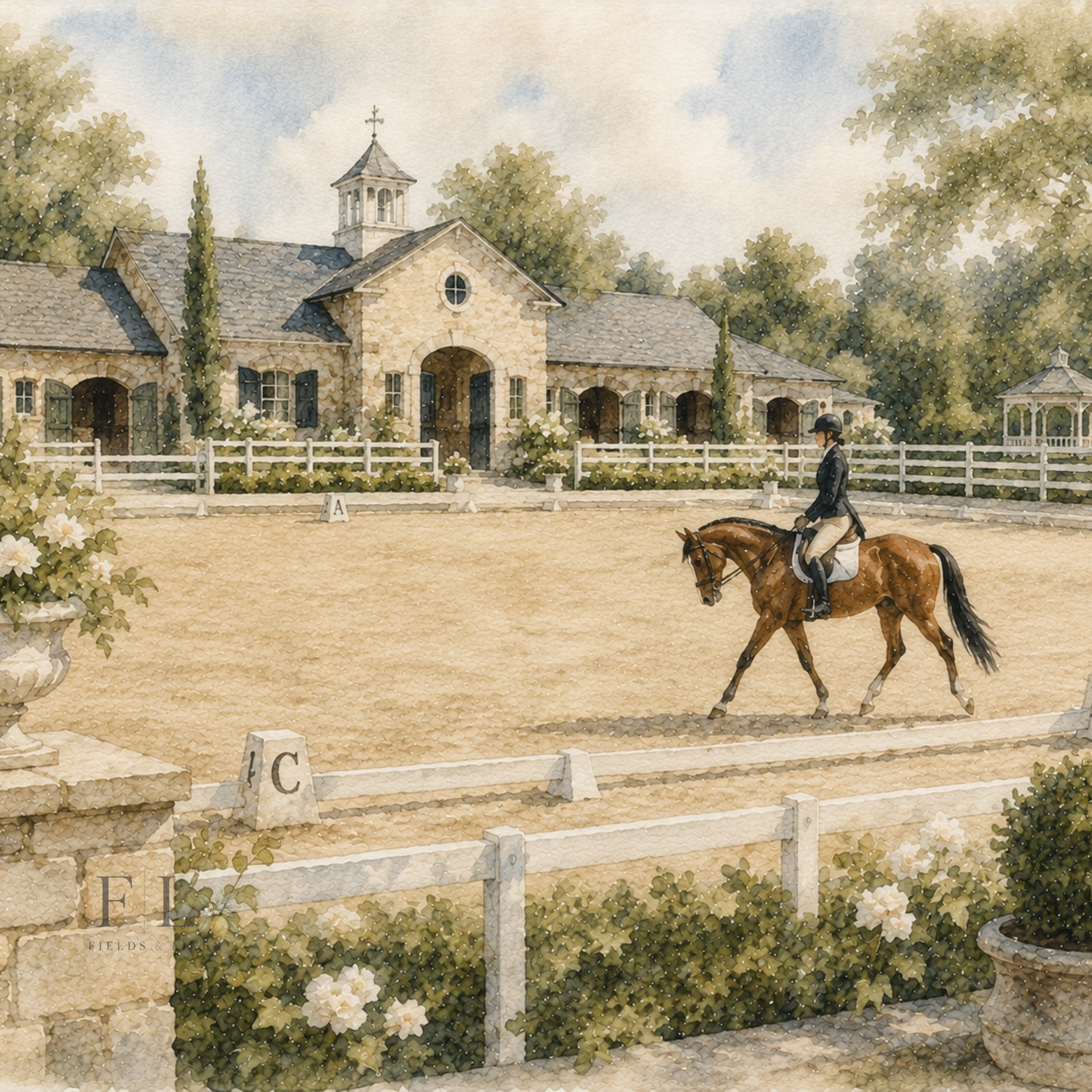 Horse & rider in Dressage Arena Watercolor Clipart PNG
