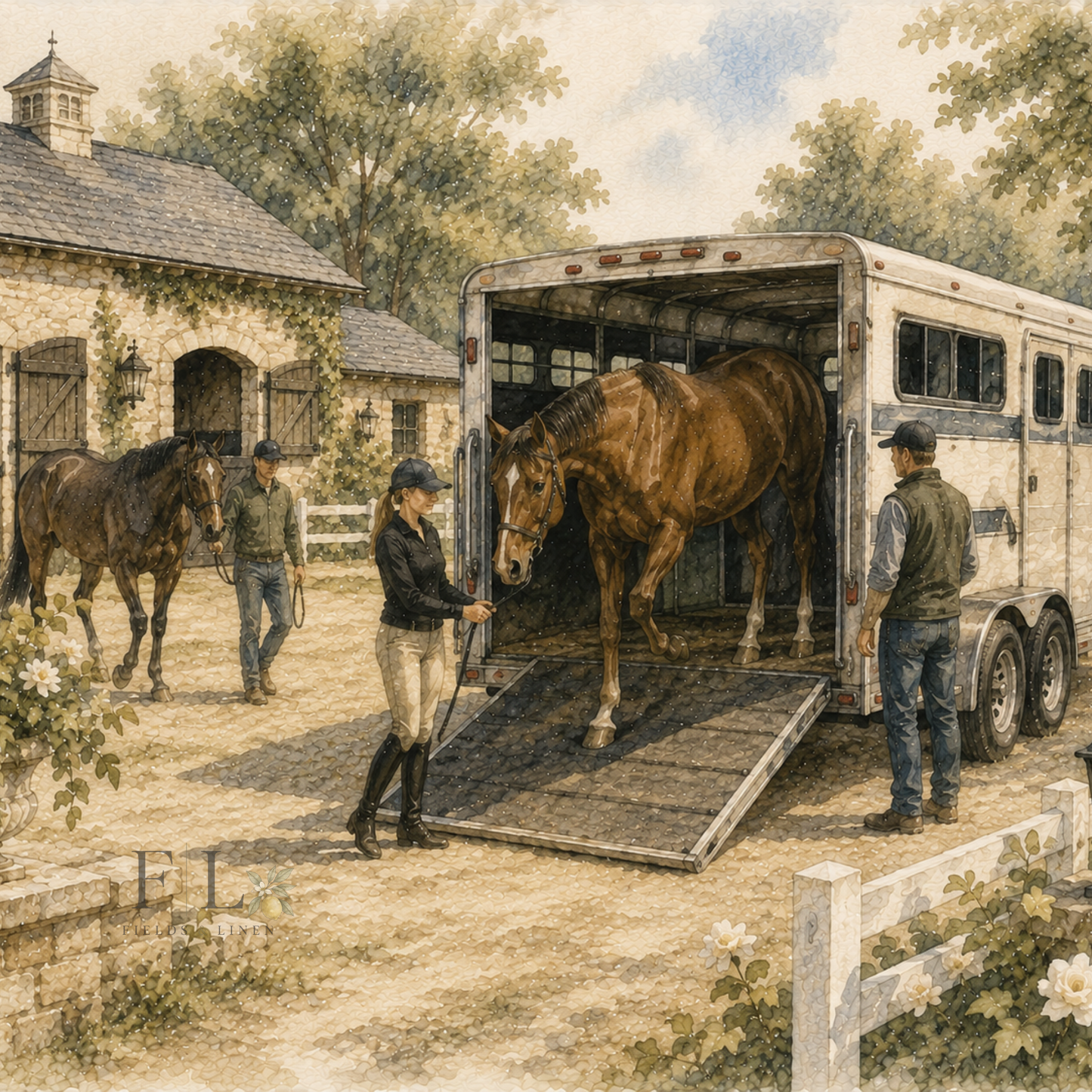 Horse Trailer Loading Watercolor Clipart PNG