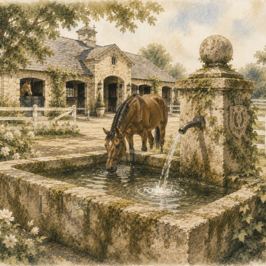 Horse Drinking from Stone Water Trough Watercolor Clipart PNG
