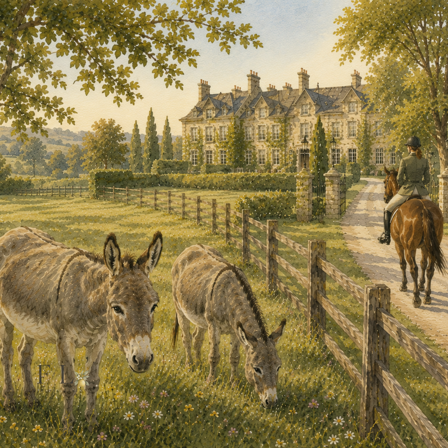 English Country Estate with Donkeys | Watercolor Clipart PNG