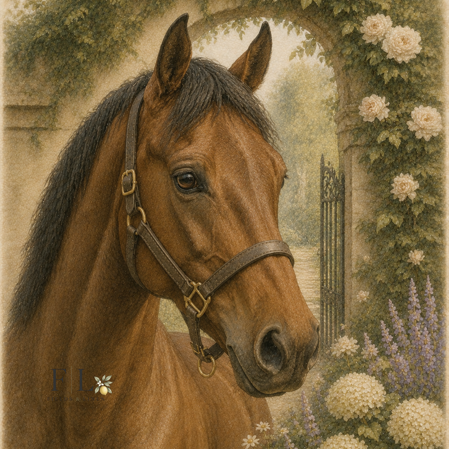 Bay Horse Portrait with Garden Roses | Watercolor Clipart PNG
