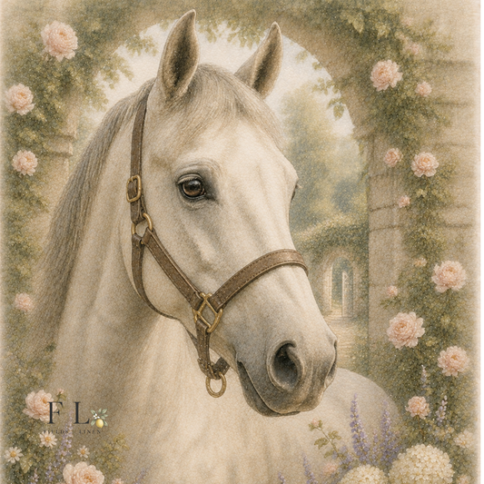 White Horse Portrait with Garden Roses | Watercolor Clipart PNG