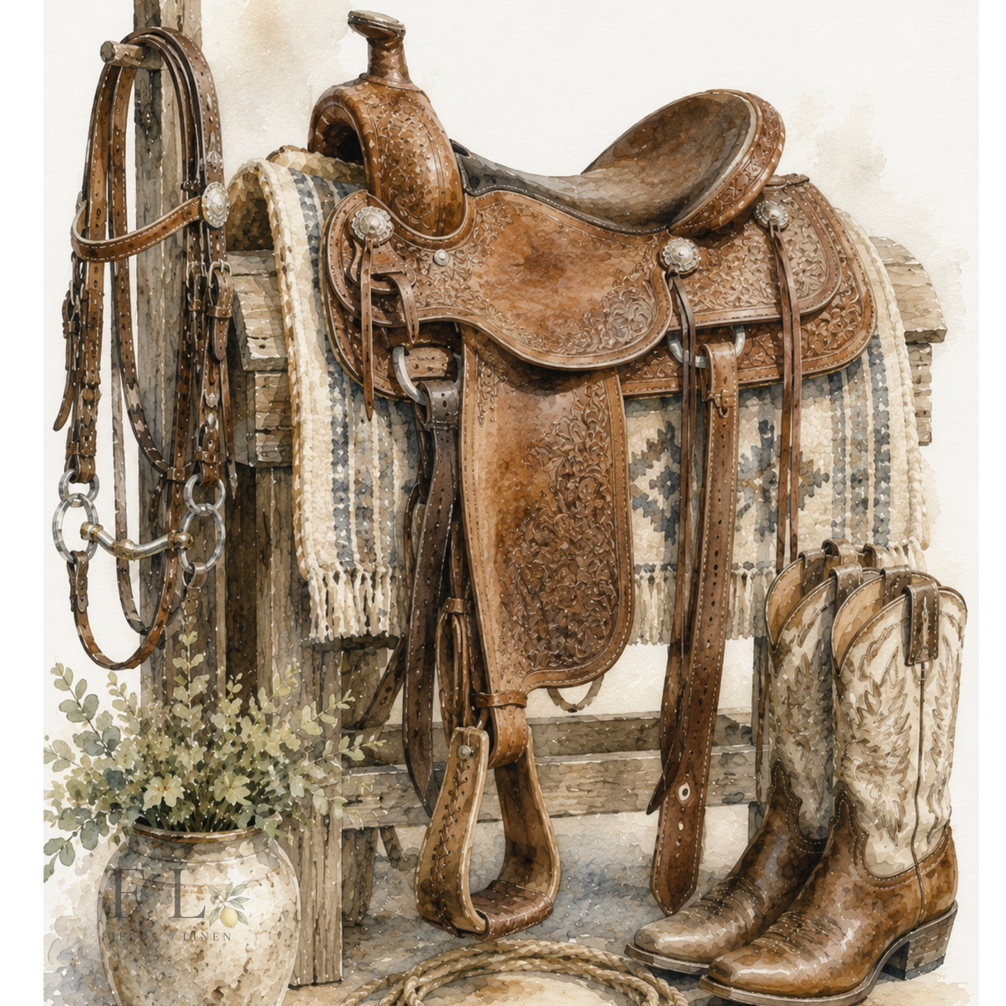 Western Saddle Watercolor Clipart PNG