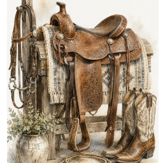 Western Saddle Watercolor Clipart PNG
