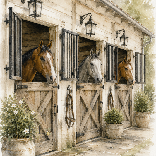 Horses Looking Out of Stable Stalls Watercolor Clipart PNG