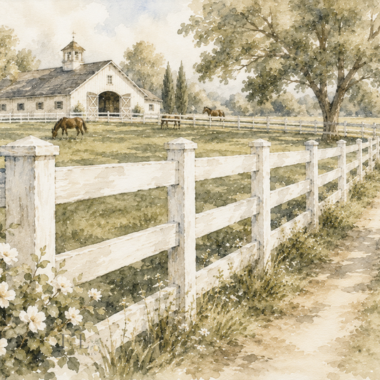 White Fence Leading to Horse Farm Watercolor Clipart PNG