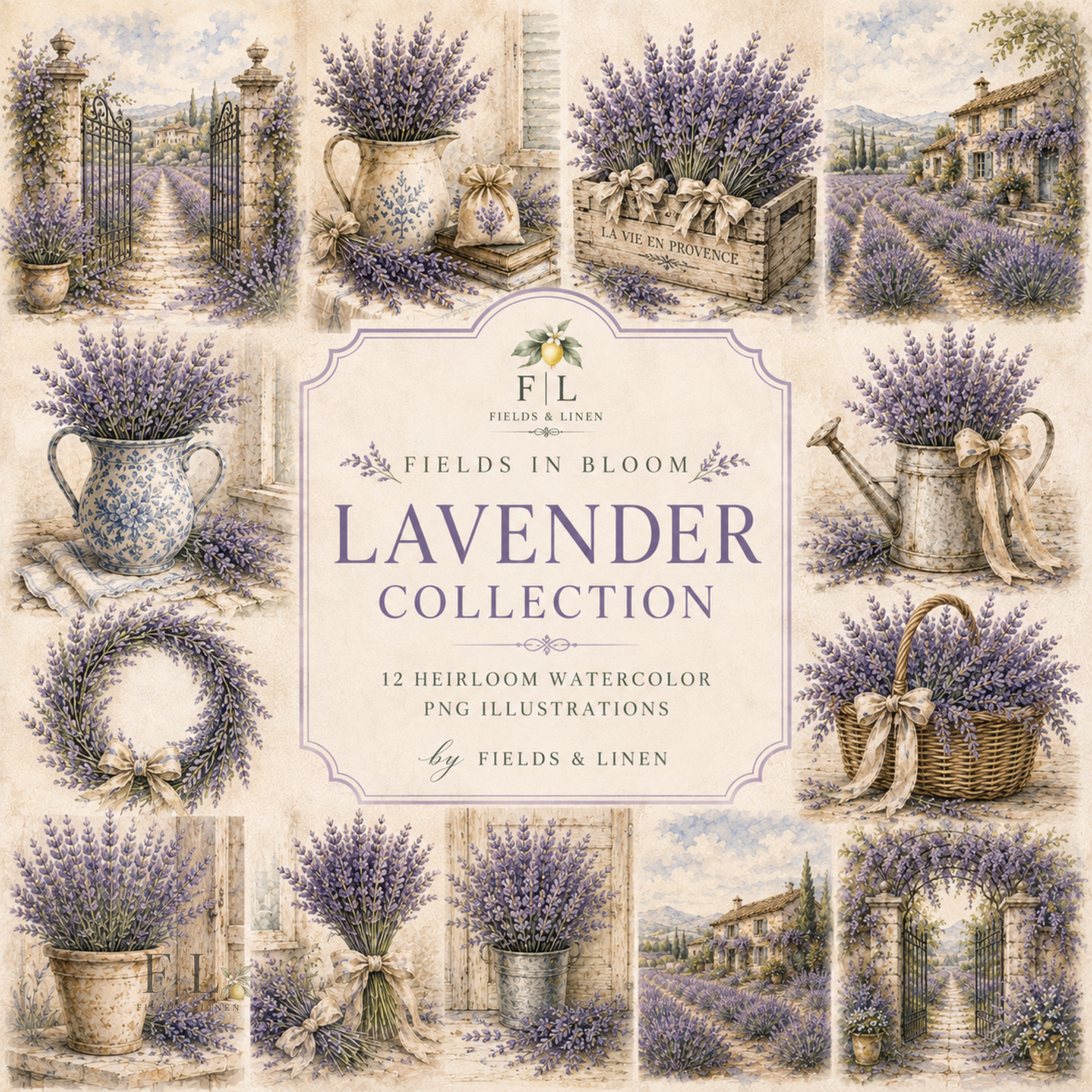 Fields in Bloom | Lavender Collection | Heirloom Watercolor PNG Illustrations