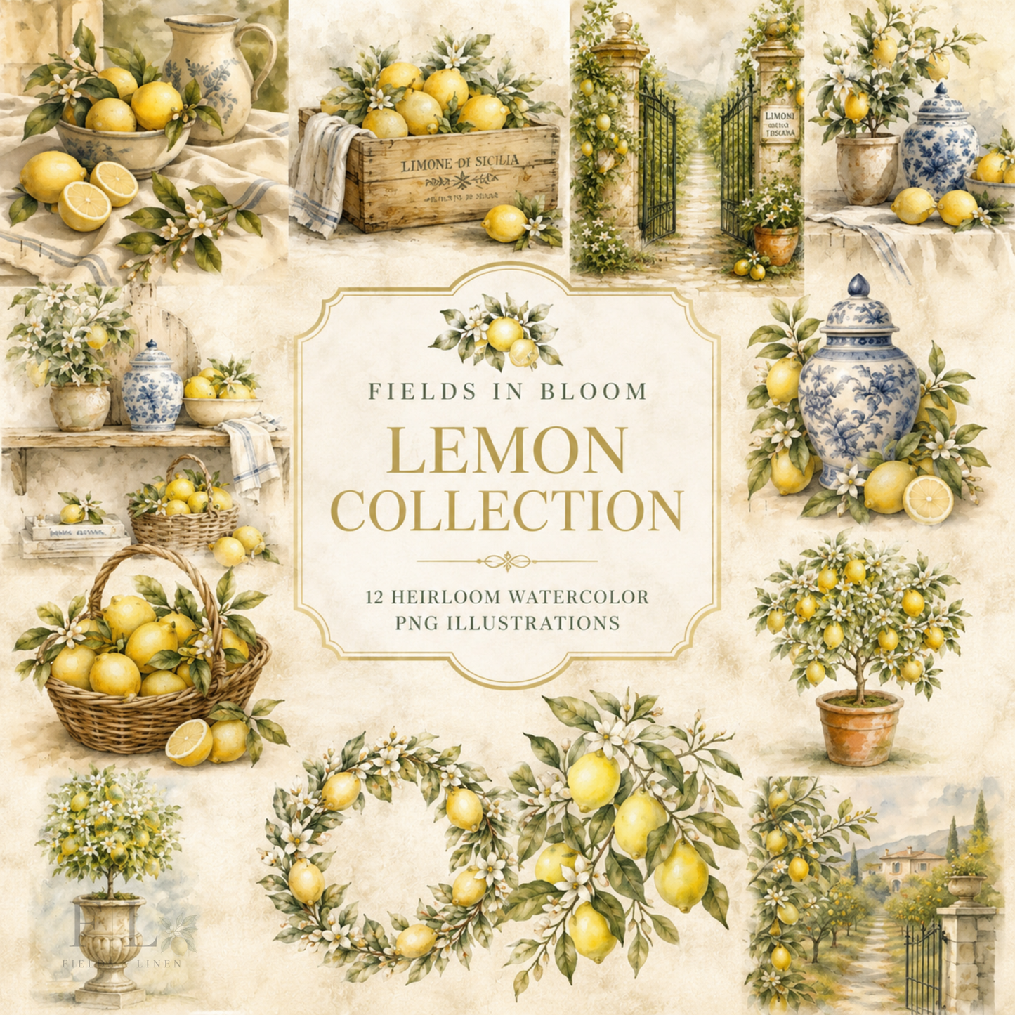 Fields in Bloom ™ | Complete Lemon Collection | 14 Heirloom Watercolor PNC Clip Art Bundle