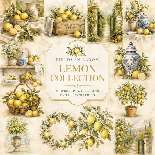 Fields in Bloom ™ | Complete Lemon Collection | 14 Heirloom Watercolor PNC Clip Art Bundle