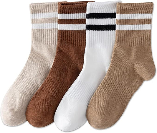 YUWELL Cozy Striped Crew Socks - 4 Pair Neutral Cotten Sock Set