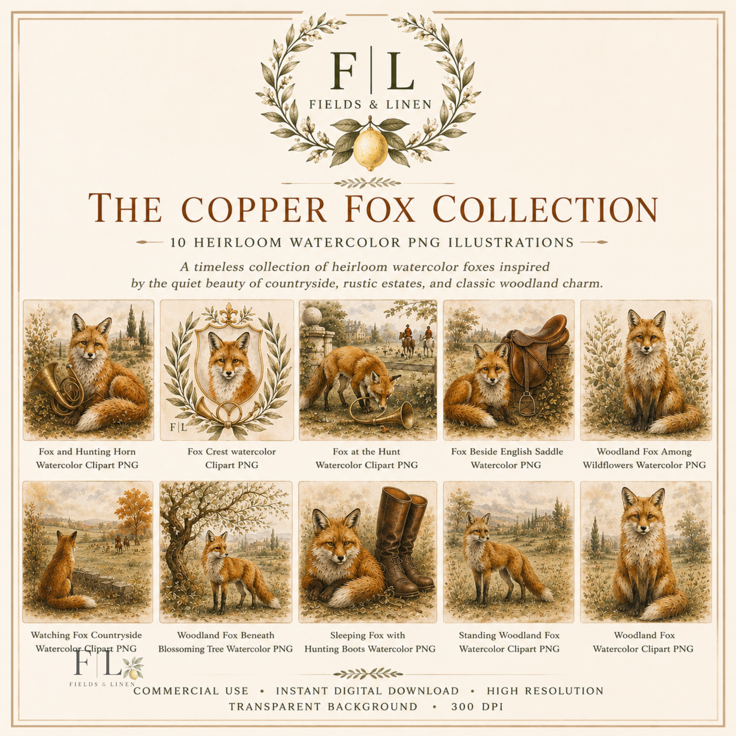 The Copper Fox Collection | 10 Watercolor Clipart PNG