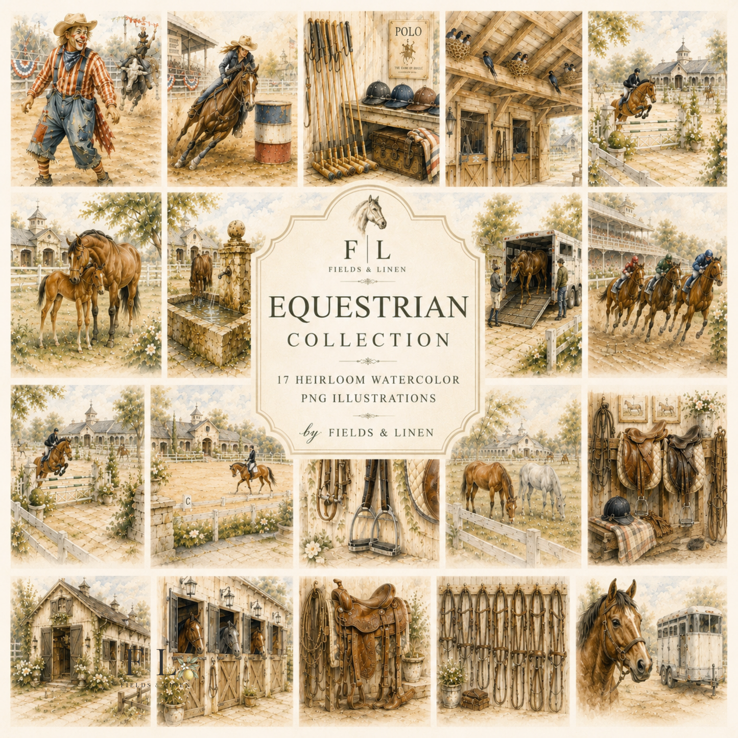 The Equestrian Collection of 17 Clipart Watercolor PNG