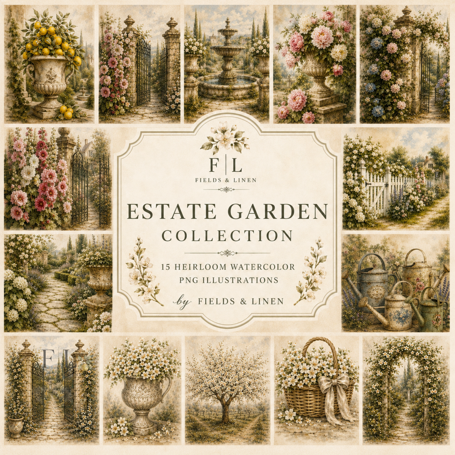 Estate Garden Collection | 14 Heirloom Watercolor PNG Illustrations