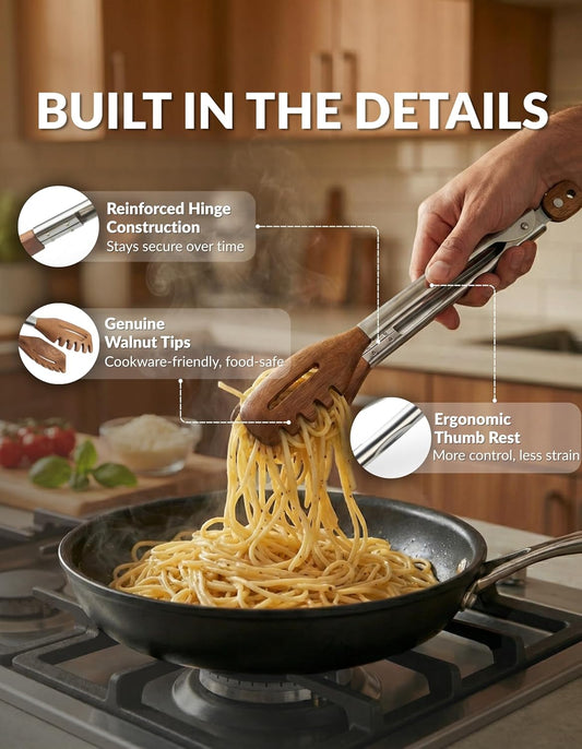 3-in-1 Walnut Kitchen Tongs & Pasta Server
