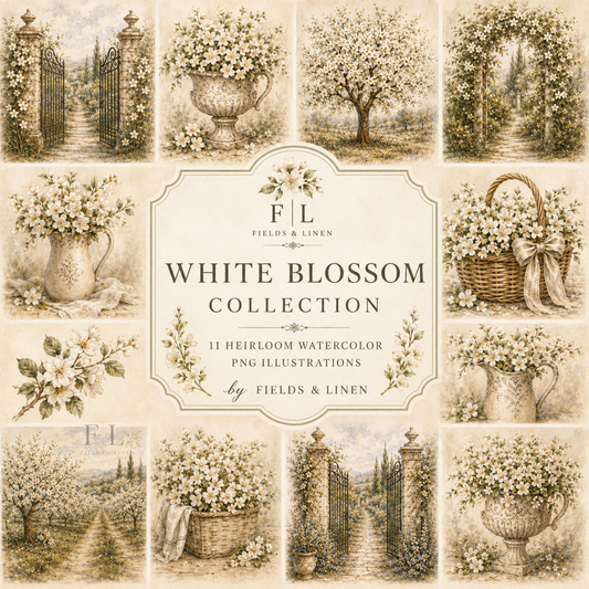 White Blossom collection | 11 Heirloom Watercolor Botanical PNG Clipart Bundle