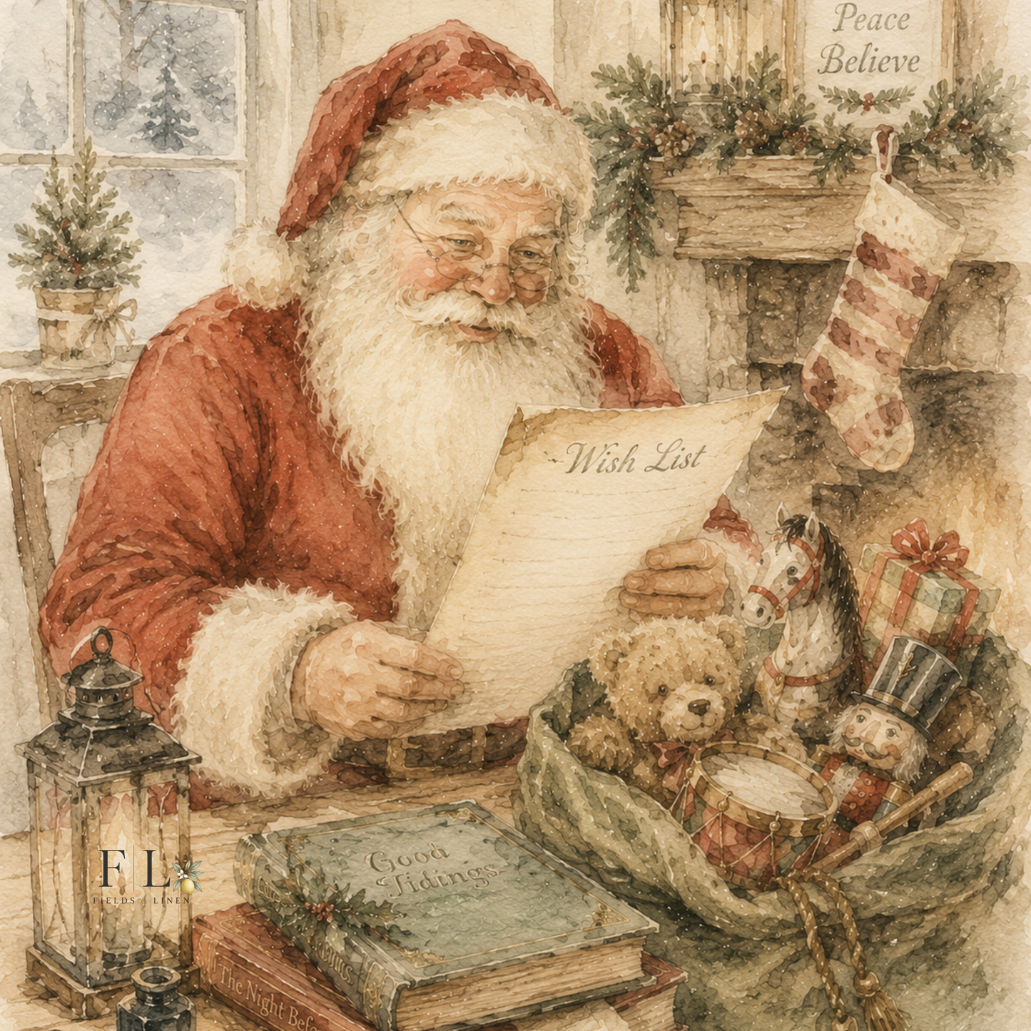 Santa Checking the List | Watercolor Clip Art PNG