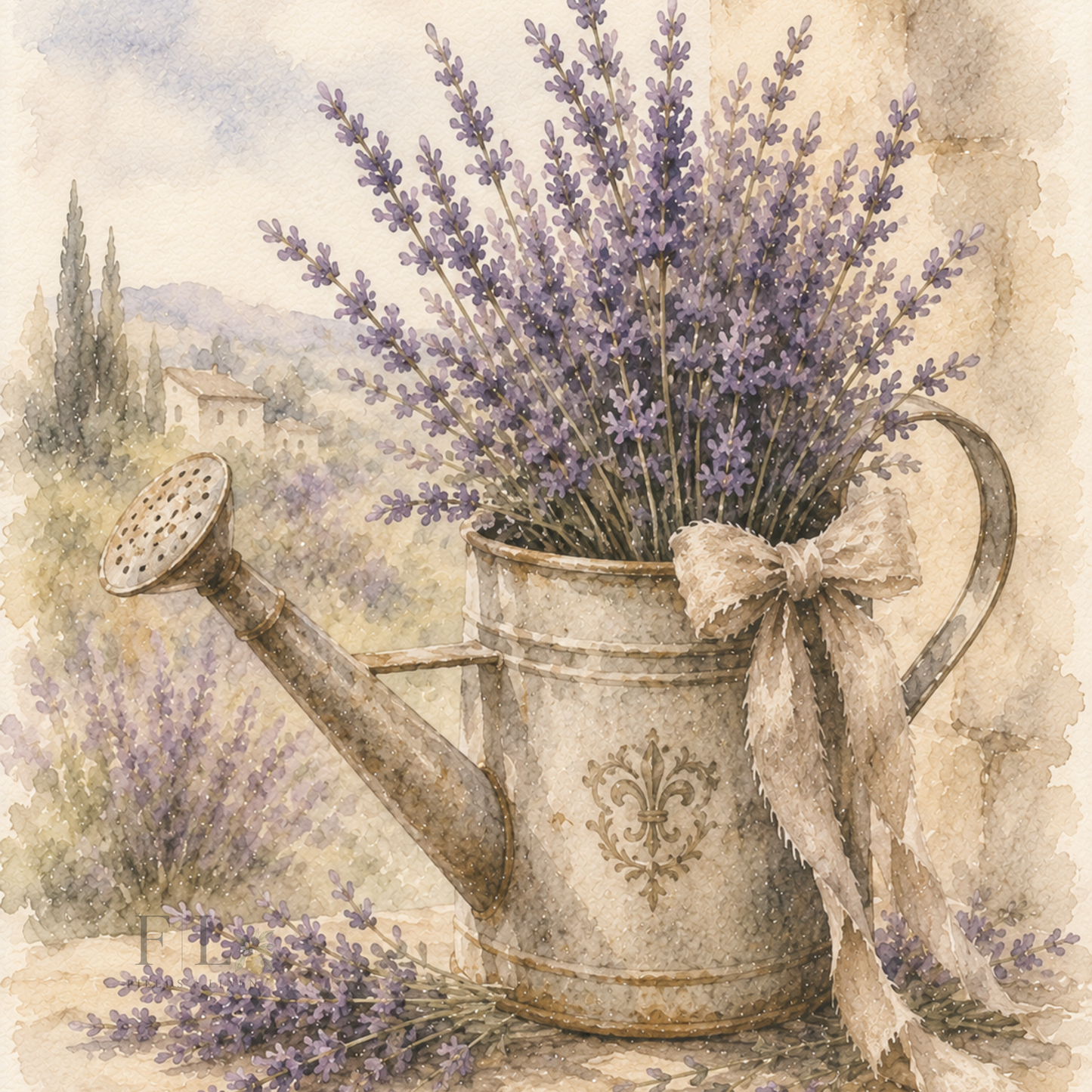Lavender Watering Can Arrangement | Watercolo PNG Clip Art